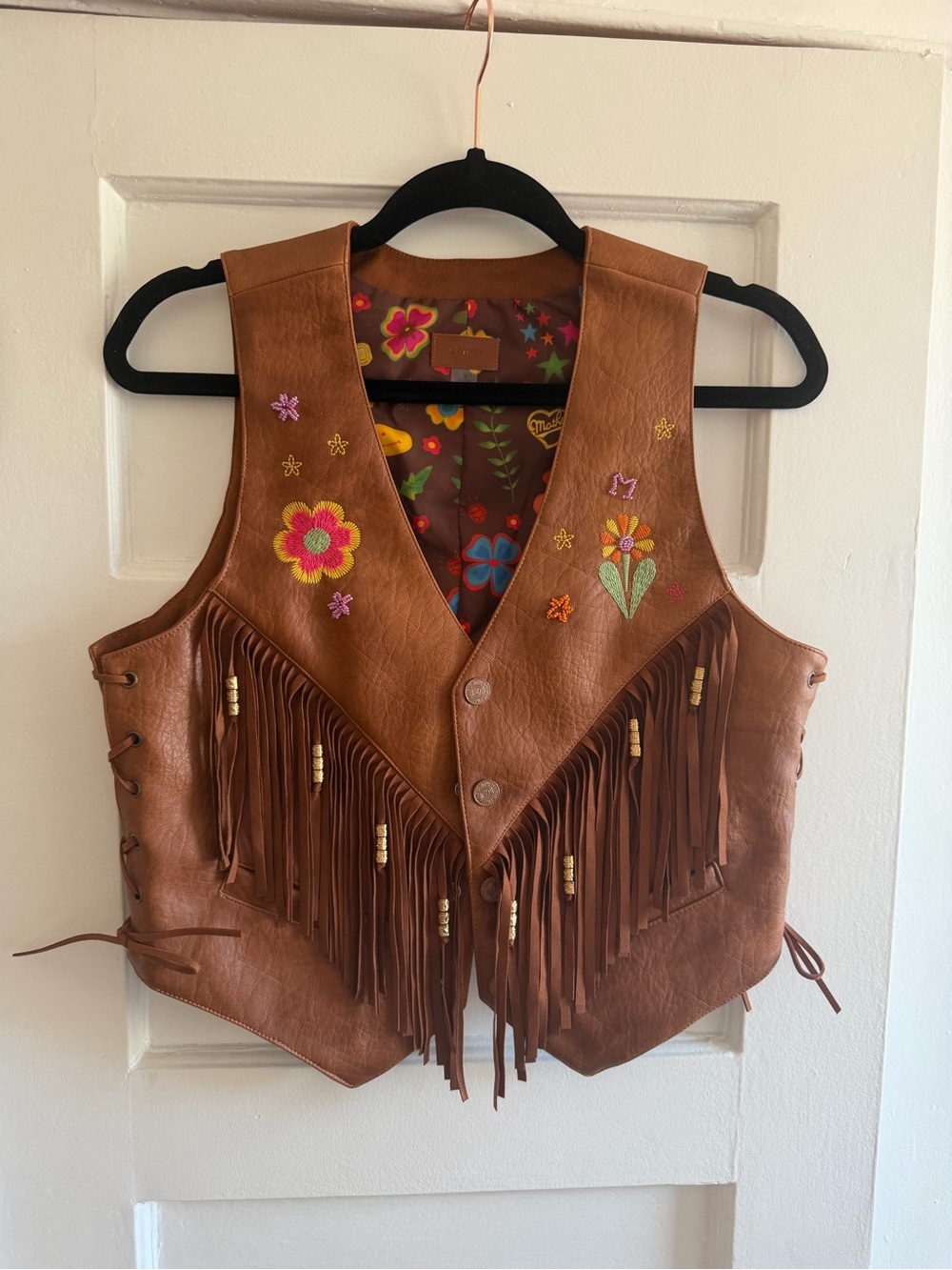 MOTHER: Fringe Embroidered Faux Leather Vest - Brown - Picture 5 of 6